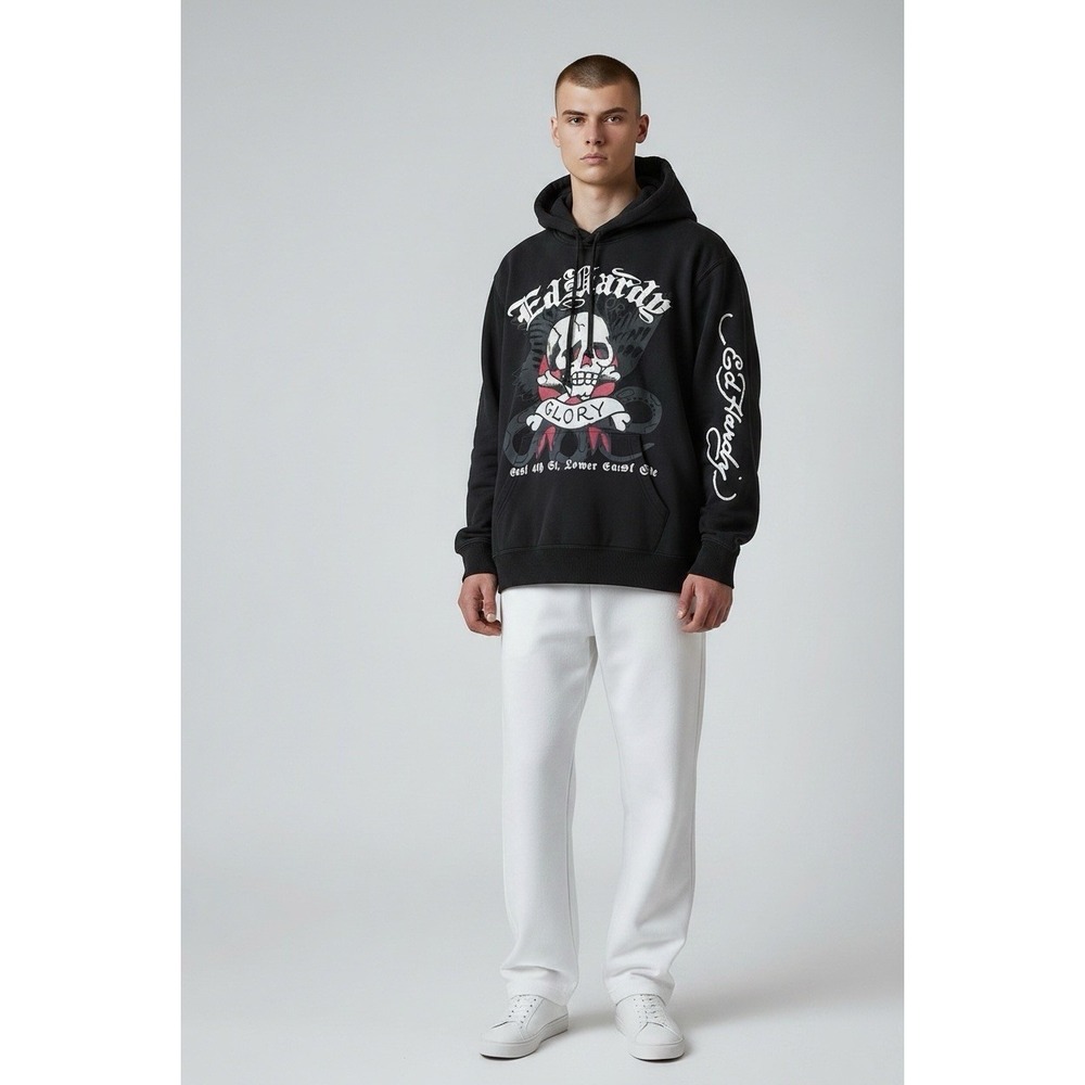 Ed Hardy Black Pullover Hoodie Men's XXL Glory Skull Graphic Print Pockets
